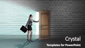  Presentation with open door - Cool new PPT theme with women leadership barriers - businesswoman walking towards open door backdrop and a dark gray colored foreground