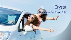  Presentation with women - Audience pleasing PPT layouts consisting of women leaning out of car backdrop and a sky blue colored foreground