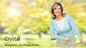  Presentation with bicycle - Theme featuring beautiful elderly woman with bicycle background and a blonde colored foreground