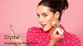  Presentation with brush - Amazing slides having women makeup - beautiful young brunette woman applying backdrop and a coral colored foreground