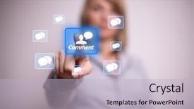  Presentation with social studyes - Cool new presentation theme with women media - woman pressing social net button backdrop and a light gray colored foreground