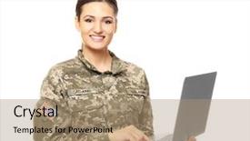  Presentation with laptop - Slides with pretty female soldier with laptop background and a coral colored foreground