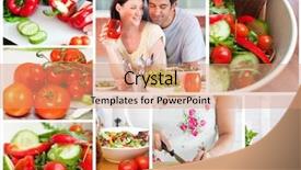  Presentation with collage - Slide set enhanced with women montage - collage of various vegetables background and a coral colored foreground