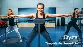  Presentation with crossfit fitness trx training exercises - Amazing PPT layouts having women on trampoline in motion backdrop and a ocean colored foreground