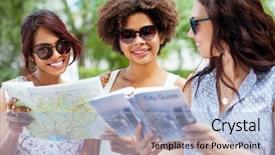  Presentation with travel friends - Audience pleasing presentation design consisting of women or friends with map backdrop and a light blue colored foreground