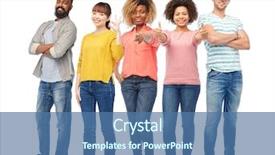  Presentation with race ethnicity - Presentation design featuring diversity race ethnicity and people concept - international group of happy smiling men and women over white background background and a ocean colored foreground