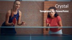  Presentation with table tennis - PPT theme having women-play-doubles-table-tennis background and a violet colored foreground