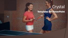  Presentation with table tennis - Audience pleasing presentation theme consisting of women-play-doubles-table-tennis backdrop and a tawny brown colored foreground