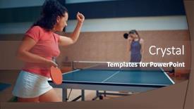  Presentation with table tennis - Presentation design featuring women-play-ping-pong-match background and a violet colored foreground