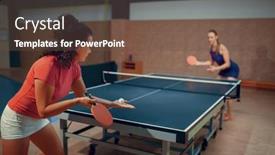  Presentation with table tennis - Presentation design with women-play-ping-pong-match background and a tawny brown colored foreground