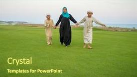  Presentation with nature meadow baby and child - Cool new presentation theme with women playing sports - arabic family on green meadow backdrop and a  colored foreground