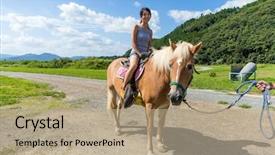  Presentation with horse riding - Presentation design having women playing sports - asian woman riding a horse background and a coral colored foreground