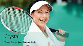  Presentation with tennis - Beautiful presentation theme featuring women playing sports - female tennis player with towel backdrop and a teal colored foreground