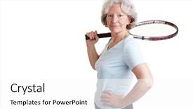  Presentation with tennis - Beautiful PPT theme featuring women playing sports - happy senior woman backdrop and a white colored foreground