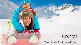  Presentation with snow blizzard in winter - Presentation theme enhanced with women playing sports - winter snow family sledding background and a light gray colored foreground