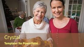  Presentation with living room family - PPT layouts having women posing with roast turkey in front of their family at home in the living room background and a tawny brown colored foreground