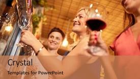  Presentation with alcohol - Slides enhanced with people alcohol and lifestyle concept - happy women pouring wine from dispenser at bar or restaurant background and a coral colored foreground
