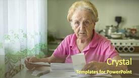  Presentation with utilities - Slide set with women poverty - elderly woman writes of account background and a tawny brown colored foreground