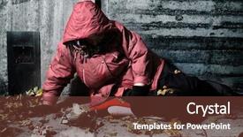  Presentation with poverty - Amazing presentation theme having fashionable bearded snowboarder in bright clothing and plain white cotton t-shirt holding his snowboard behind his back isolated on white backdrop and a lemonade colored foreground