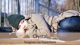  Presentation with economic - Presentation enhanced with women poverty - young woman lying on asphalt background and a coral colored foreground