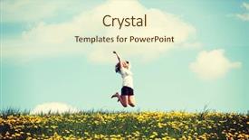  Presentation with meadow - PPT theme enhanced with women power - happy woman jumping on blossom background and a cream colored foreground