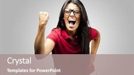  Presentation with victory - Colorful slide set enhanced with women power - portrait of young woman gesturing backdrop and a gray colored foreground