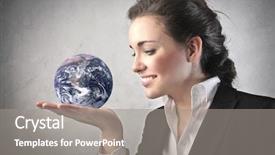  Presentation with hand holding earth - Amazing PPT theme having women power - smiling businesswoman holding the earth backdrop and a gray colored foreground