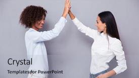  Presentation with giving - Colorful slide set enhanced with women power - two girls giving five backdrop and a light gray colored foreground