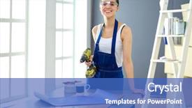  Presentation with drill - PPT theme featuring women power - worker woman with drill standing background and a teal colored foreground
