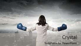  Presentation with boxing - Beautiful slide deck featuring women power - young businesswoman in blue boxing backdrop and a light gray colored foreground