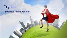  Presentation with hero woman - Beautiful presentation featuring women power - young confident woman in super backdrop and a light blue colored foreground