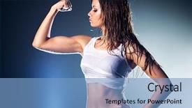  Presentation with strong - Colorful slides enhanced with women power - young strong sexy woman showing backdrop and a teal colored foreground