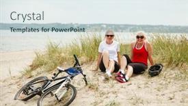  Presentation with bike - Colorful presentation design enhanced with women-resting-after-riding-bike backdrop and a sky blue colored foreground