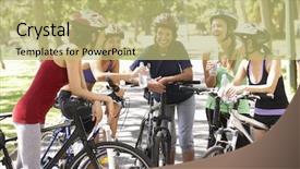  Presentation with women equality group of diverse - Presentation design featuring women resting during cycle background and a mint green colored foreground