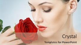  Presentation with blue flower bulb field - PPT theme enhanced with women rose - beauty flower girl background and a coral colored foreground