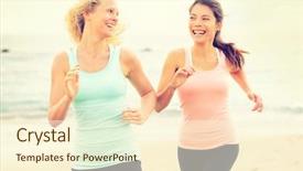  Presentation with running women shoes silhouette - Beautiful presentation featuring hand holds a golden coin of bitcoin above the keyboard close up backdrop and a light gray colored foreground.