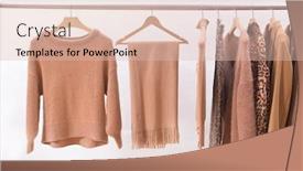  Presentation with pattern - Colorful presentation design enhanced with women's brown blouses with snake pattern coat pants scarf jacket sweater handbag on hangers backdrop and a lemonade colored foreground