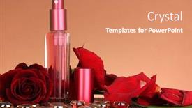  Presentation with perfume - PPT theme featuring women's perfume in beautiful bottle with rose on brown background background and a coral colored foreground