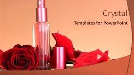  Presentation with perfume - Theme having women's perfume in beautiful bottle with rose on brown background background and a coral colored foreground