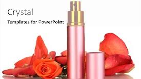  Presentation with perfume - Colorful presentation theme enhanced with women's perfume in beautiful bottle with rose isolated on white backdrop and a white colored foreground