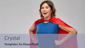  Presentation with red grey - Presentation design with women's power and people concept - happy woman in red superhero cape over grey background background and a light blue colored foreground