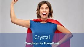  Presentation with red grey - Colorful presentation theme enhanced with women's power and people concept - happy woman in red superhero cape showing arm bicep muscle over grey background backdrop and a ocean colored foreground