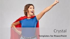  Presentation with women making - Presentation with women's power and people concept - happy woman in red superhero cape making flying pose over grey background background and a light gray colored foreground