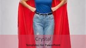  Presentation with red grey - PPT theme with women's power and people concept - happy woman in red superhero cape over grey background background and a red colored foreground