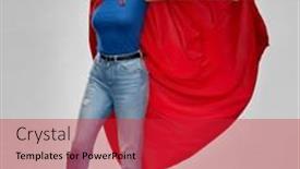  Presentation with superhero - Audience pleasing PPT theme consisting of women's power and people concept - happy woman in red superhero cape over grey background backdrop and a red colored foreground