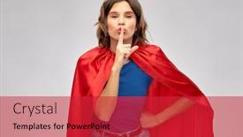  Presentation with women making - Slide deck having women's power silence and secret concept - happy woman in red superhero cape making hush gesture over grey background background and a red colored foreground