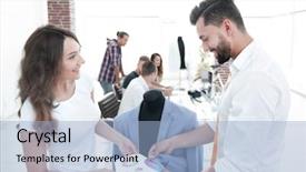  Presentation with new balance - PPT layouts having women s workshop - designers discussing new models background and a light blue colored foreground