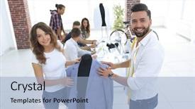  Presentation with show - Slides enhanced with women s workshop - designers show new models background and a  colored foreground