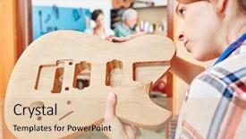  Presentation with guitar - Beautiful PPT theme featuring women s workshop - trainee works on production backdrop and a lemonade colored foreground