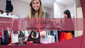  Presentation with mall - Colorful PPT theme enhanced with women selecting bags and shoes while shopping in mall backdrop and a violet colored foreground